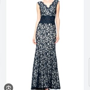 Tadashi Shoji Navy Waist Lace Contrast Mermaid Gown Wedding Guest Formal Size 14